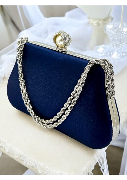 Lacivert Renk Simli Saten Gümüş ve Inci Detaylı Zincir Askılı Kadın Abiye Çanta Düğün Nişan Balo indirimleri