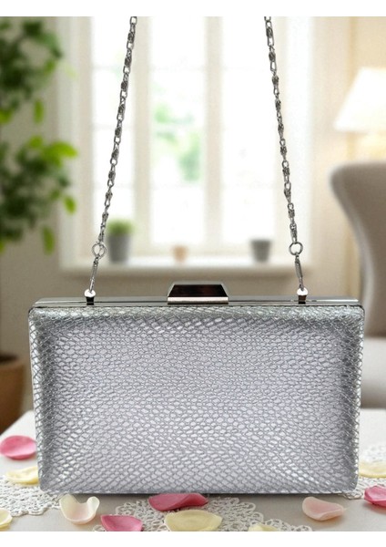 Gümüş Gri Lame Renk Lazer Yılan Desenli Kadın Abiye Çanta Gece Çantası Düğün Nişan Portföy modelleri