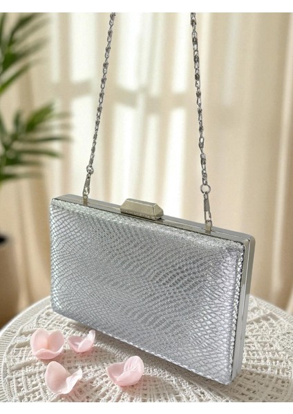 Gümüş Gri Lame Renk Lazer Yılan Desenli Kadın Abiye Çanta Gece Çantası Düğün Nişan Portföy fırsatları