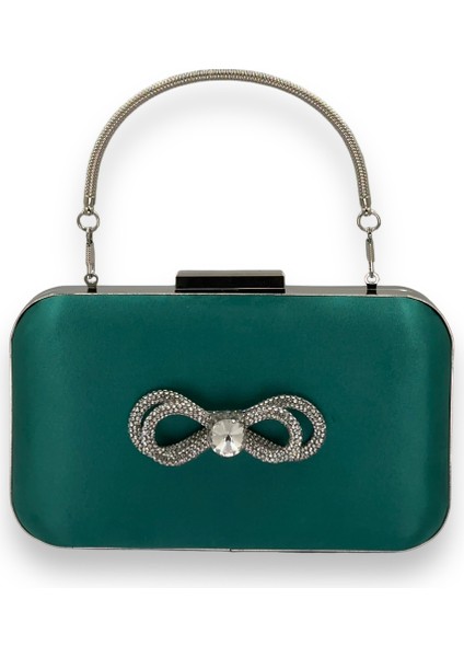 Yeşil Renk Saten Gümüş Kasalı Saplı Kulplu Gümüş Taşlı Abiye Gece Çantası Düğün Nişan Clutch