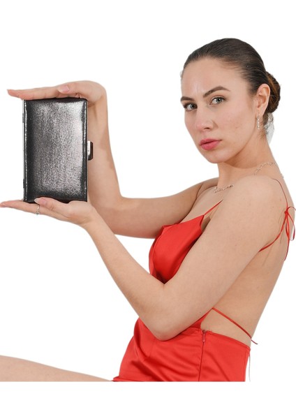 Koyu Antrasit Platin Renk Sıvama Saten Abiye Çanta Gece Çantası indirimleri