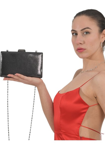 Koyu Antrasit Platin Renk Sıvama Saten Abiye Çanta Gece Çantası