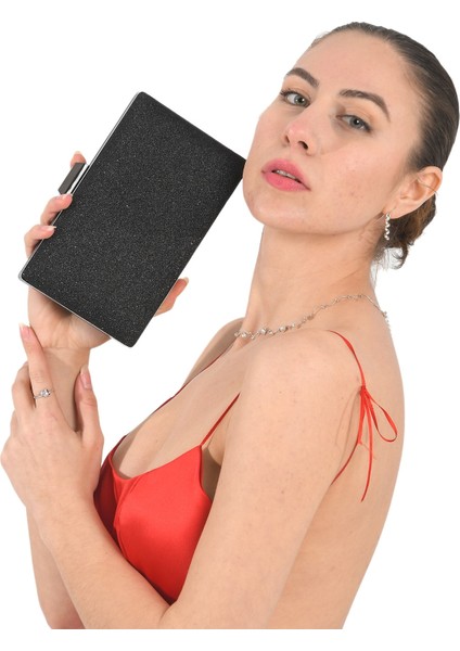 Siyah Renk Simli Siyah Kasalı Abiye Çanta Gece Çantası Nişan Düğün Çantası