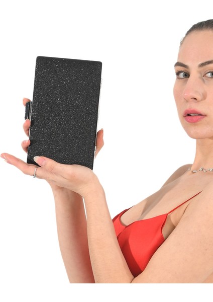 Siyah Renk Simli Siyah Kasalı Abiye Çanta Gece Çantası Nişan Düğün Çantası