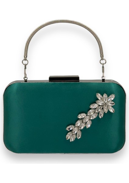 Yeşil Renk Saten Gümüş Kasalı Gümüş Taşlı Kulplu Saplı Abiye Gece Çantası Düğün Portföy