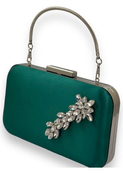 Yeşil Renk Saten Gümüş Kasalı Gümüş Taşlı Kulplu Saplı Abiye Gece Çantası Düğün Portföy fiyatları