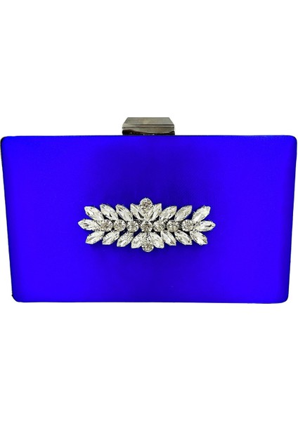 Saks Mavisi Renk Saten Gümüş Kasalı Gümüş Taşlı Abiye Çanta Gece Çantası Düğün Nişan Portföy
