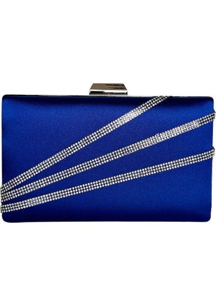 Saks Mavisi Renk Saten Gümüş Kasalı Gümüş Taşlı Abiye Çanta Gece Çantası Düğün Nişan Portföy