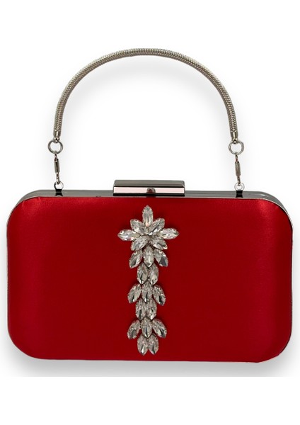 Kırmızı Renk Saten Gümüş Kasalı Gümüş Taşlı Kulplu Saplı Abiye Gece Çantası Düğün Portföy