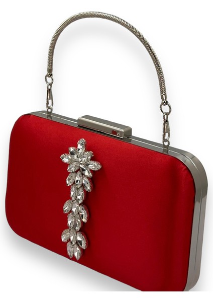 Kırmızı Renk Saten Gümüş Kasalı Gümüş Taşlı Kulplu Saplı Abiye Gece Çantası Düğün Portföy fiyatları