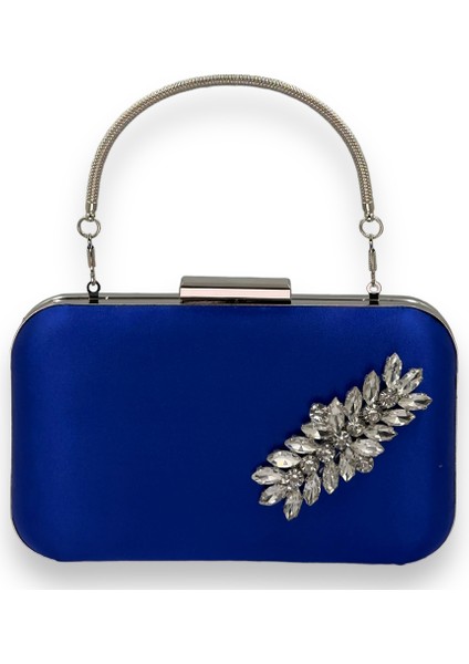 Saks Mavi Renk Saten Gümüş Kasalı Gümüş Taşlı Kulplu Saplı Abiye Gece Çantası Düğün Portföy