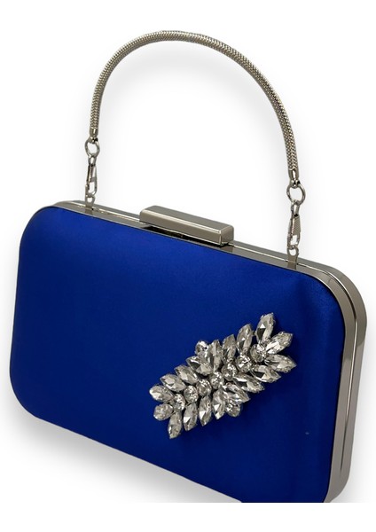 Saks Mavi Renk Saten Gümüş Kasalı Gümüş Taşlı Kulplu Saplı Abiye Gece Çantası Düğün Portföy fiyatları