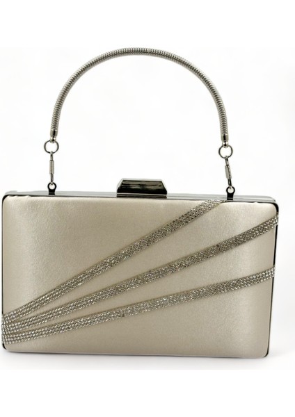 Ten Nude Renk Saten Gümüş Kasalı Gümüş Taşlı Abiye Çanta Gece Çantası Düğün Nişan Portföy
