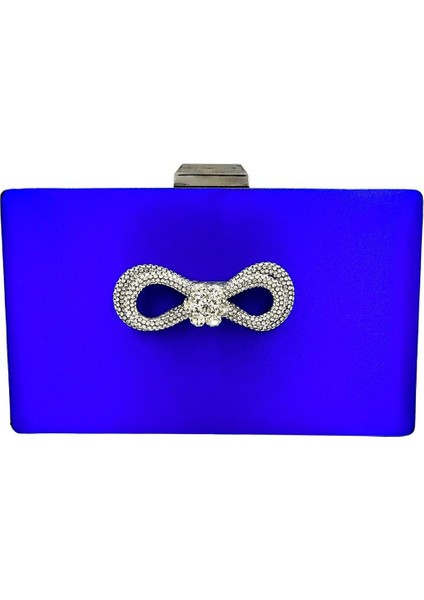 Saks Mavisi Renk Saten Gümüş Kasalı Gümüş Taşlı Abiye Çanta Gece Çantası Düğün Nişan Portföy