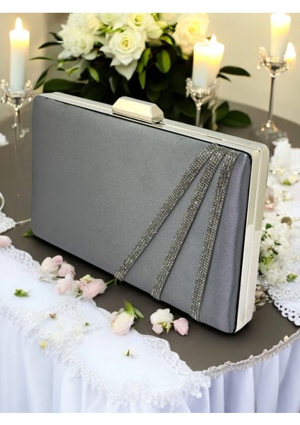 Antrasit Gri Platin Renk Saten Çapraz Kristal Taşlı Kadın Abiye Çanta Düğün Nişan Mezuniyet