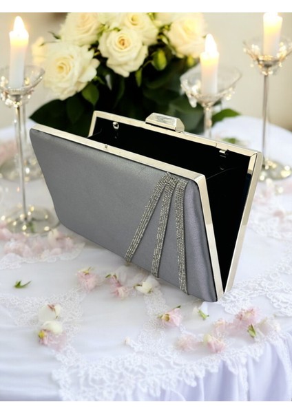 Antrasit Gri Platin Renk Saten Çapraz Kristal Taşlı Kadın Abiye Çanta Düğün Nişan Mezuniyet modelleri
