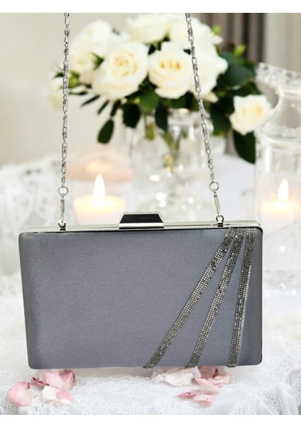 Antrasit Gri Platin Renk Saten Çapraz Kristal Taşlı Kadın Abiye Çanta Düğün Nişan Mezuniyet fırsatları
