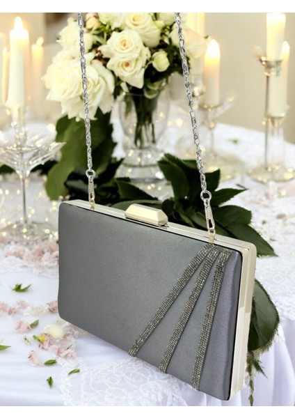Antrasit Gri Platin Renk Saten Çapraz Kristal Taşlı Kadın Abiye Çanta Düğün Nişan Mezuniyet indirimleri