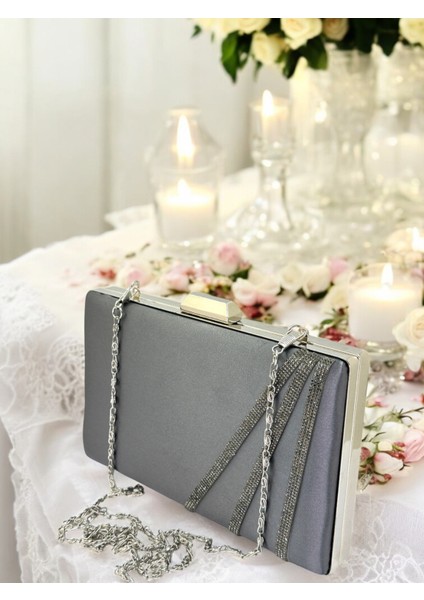 Antrasit Gri Platin Renk Saten Çapraz Kristal Taşlı Kadın Abiye Çanta Düğün Nişan Mezuniyet