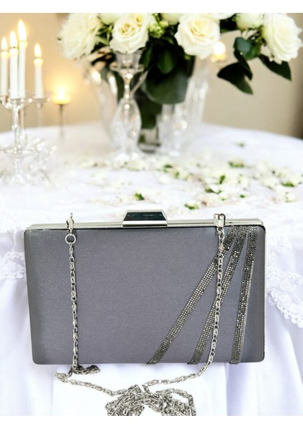 Antrasit Gri Platin Renk Saten Çapraz Kristal Taşlı Kadın Abiye Çanta Düğün Nişan Mezuniyet