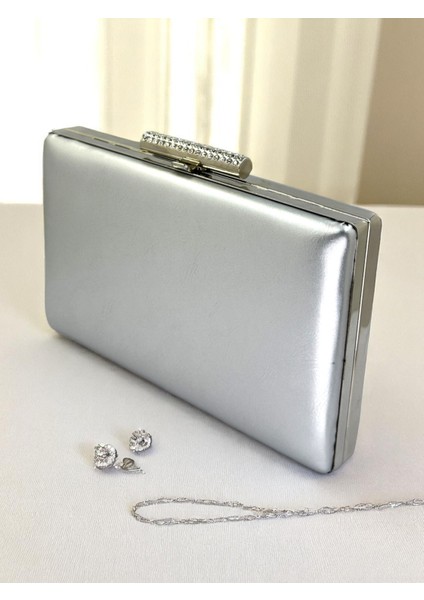 Gümüş Gri Lame Renk Mat Cilt Deri Kadın Abiye Çanta Düğün Nişan Mezuniyet