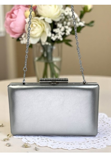 Gümüş Gri Lame Renk Mat Cilt Deri Kadın Abiye Çanta Düğün Nişan Mezuniyet fırsatları