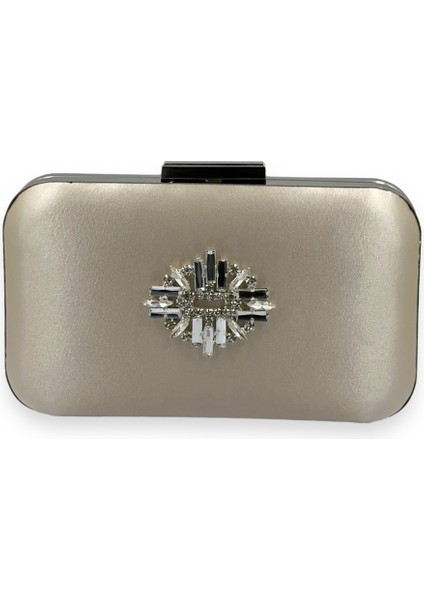 Ten Nude Renk Saten Gümüş Kasalı Gümüş Taşlı Abiye Çanta Gece Çantası Düğün Nişan Portföy