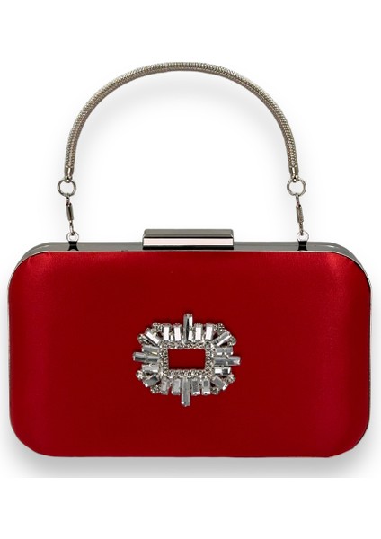 Kırmızı Renk Saten Gümüş Kasalı Gümüş Taşlı Kulplu Saplı Abiye Gece Çantası Düğün Portföy