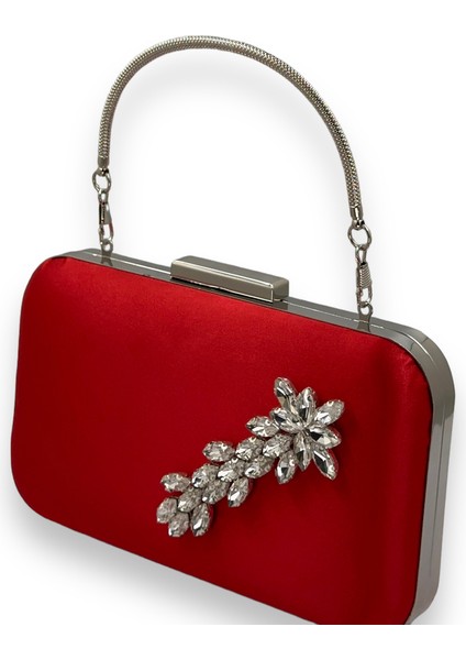 Kırmızı Renk Saten Gümüş Kasalı Gümüş Taşlı Kulplu Saplı Abiye Gece Çantası Düğün Portföy fiyatları