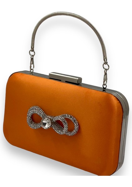 Turuncu Renk Saten Gümüş Kasalı Saplı Kulplu Gümüş Taşlı Abiye Gece Çantası Düğün Nişan Clutch fiyatları