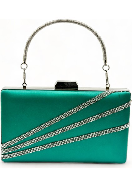 Yeşil Renk Saten Gümüş Kasalı Gümüş Taşlı Abiye Çanta Gece Çantası Düğün Nişan Portföy