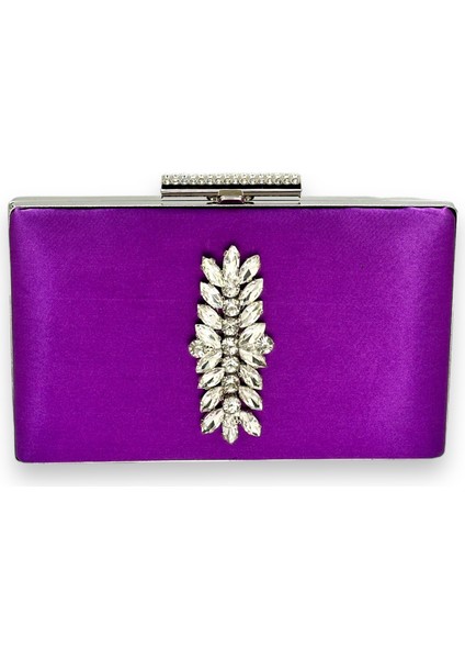 Mor Renk Saten Kristal Taşlı Abiye Çanta Gece Çantası Kına Gelin Mezuniyet Çantası Clutch Portföy