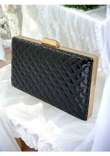 Siyah Lüks Rugan Kapitone Desenli Kadın Abye Çanta Düğün Nişan Mezuniyet