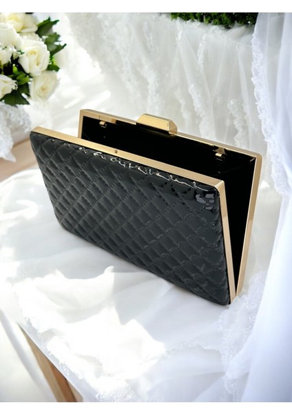 Siyah Lüks Rugan Kapitone Desenli Kadın Abye Çanta Düğün Nişan Mezuniyet modelleri