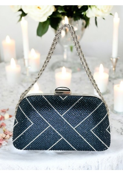 Lacivert Renk Zincir Kulplu Kadın Abiye Çanta Mezuniyet Düğün Nişan