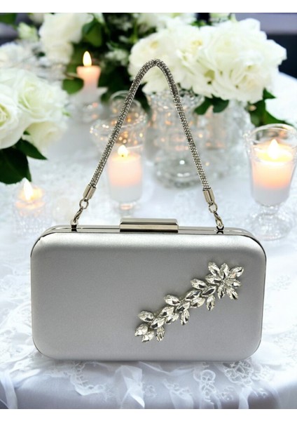 Gümüş Gri Lame Renk Saten Taşlı Saplı Kadın Abiye Çanta Düğün Nişan Mezuniyet fiyatları