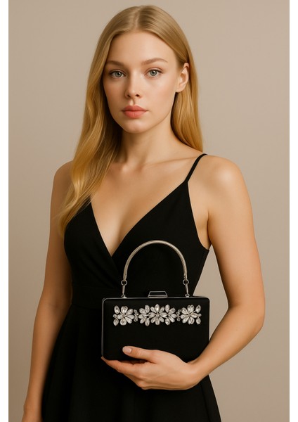 Şık ve Göz Alıcı Siyah Saten Gümüş Taşlı Abiye Çanta Düğün Nişan Mezuniyet