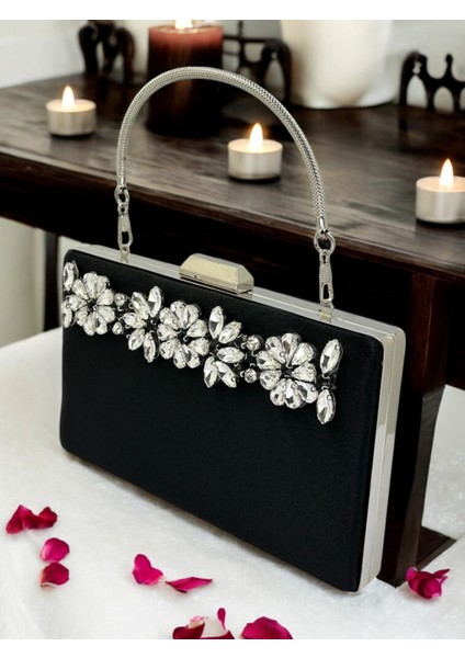 Şık ve Göz Alıcı Siyah Saten Gümüş Taşlı Abiye Çanta Düğün Nişan Mezuniyet fiyatları