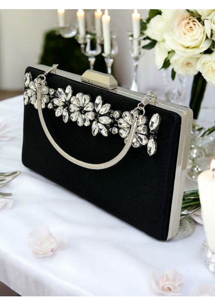 Şık ve Göz Alıcı Siyah Saten Gümüş Taşlı Abiye Çanta Düğün Nişan Mezuniyet fırsatları