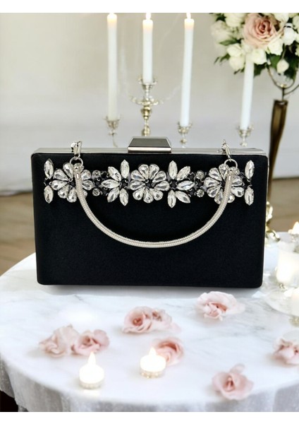 Şık ve Göz Alıcı Siyah Saten Gümüş Taşlı Abiye Çanta Düğün Nişan Mezuniyet indirimleri