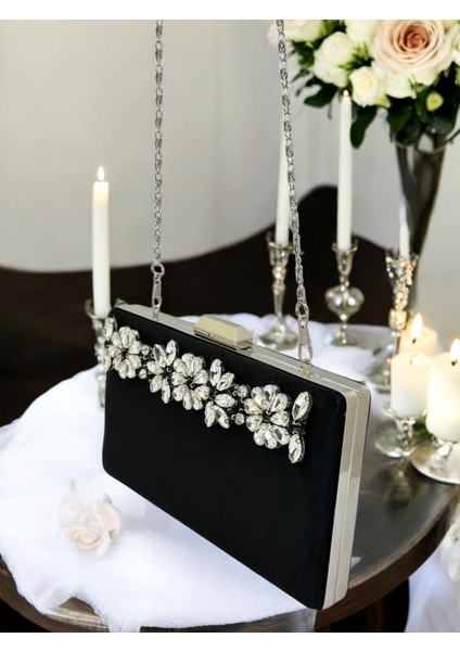 Şık ve Göz Alıcı Siyah Saten Gümüş Taşlı Abiye Çanta Düğün Nişan Mezuniyet