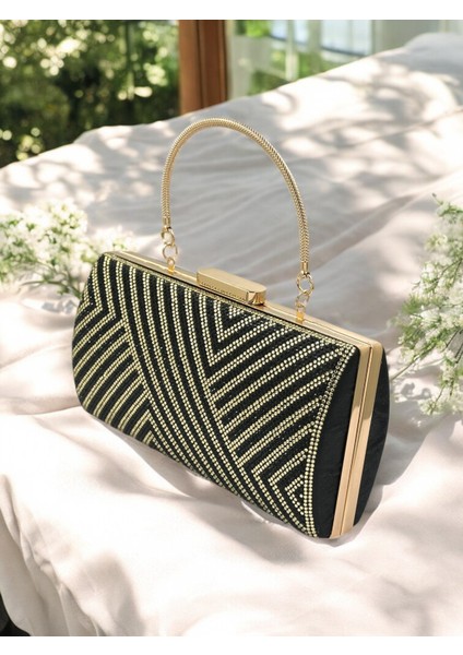 Özel Tasarım Siyah ve Altın Renk Metal Saplı Kristal Taşlı Abiye Çanta Düğün Nişan Kına Mezuniyet