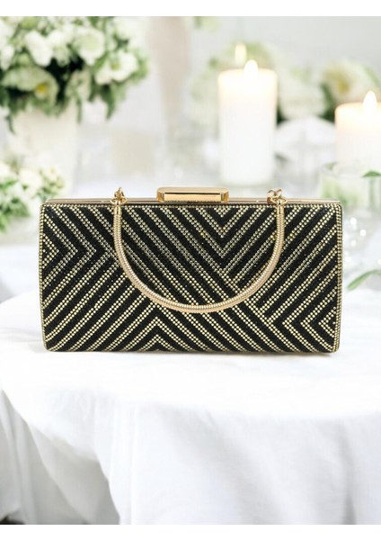 Özel Tasarım Siyah ve Altın Renk Metal Saplı Kristal Taşlı Abiye Çanta Düğün Nişan Kına Mezuniyet modelleri