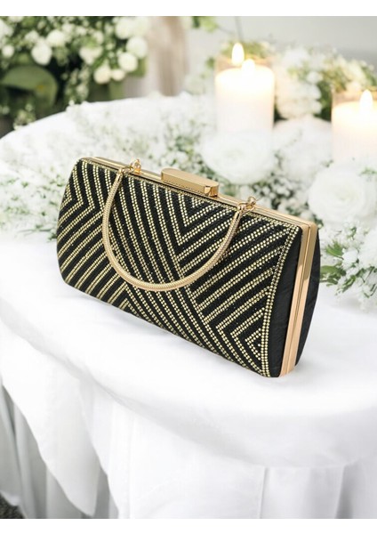 Özel Tasarım Siyah ve Altın Renk Metal Saplı Kristal Taşlı Abiye Çanta Düğün Nişan Kına Mezuniyet fırsatları