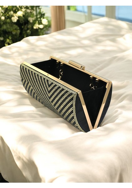 Özel Tasarım Siyah ve Altın Renk Metal Saplı Kristal Taşlı Abiye Çanta Düğün Nişan Kına Mezuniyet indirimleri