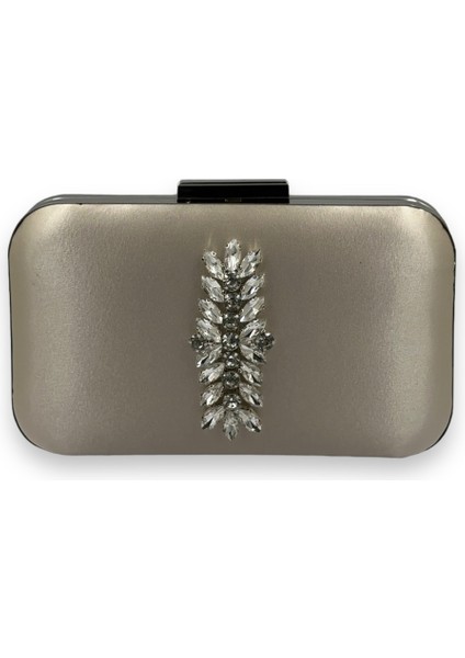 Ten Nude Renk Saten Gümüş Kasalı Gümüş Taşlı Abiye Çanta Gece Çantası Düğün Nişan Portföy