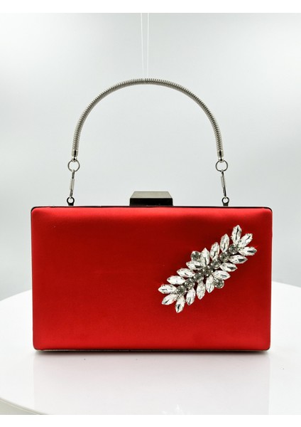 Kırmızı Renk Saten Gümüş Kasalı Gümüş Taşlı Abiye Çanta Gece Çantası Düğün Nişan Portföy