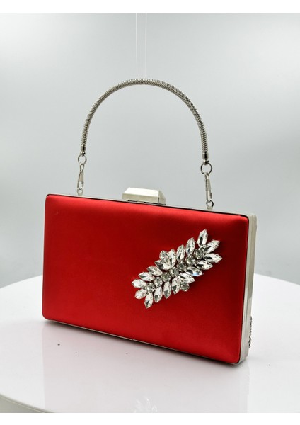 Kırmızı Renk Saten Gümüş Kasalı Gümüş Taşlı Abiye Çanta Gece Çantası Düğün Nişan Portföy fiyatları