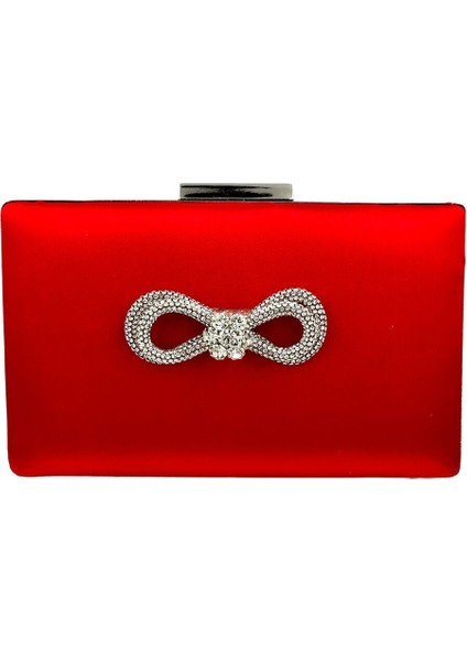 Kırmızı Renk Saten Gümüş Kasalı Gümüş Taşlı Abiye Çanta Gece Çantası Düğün Nişan Portföy