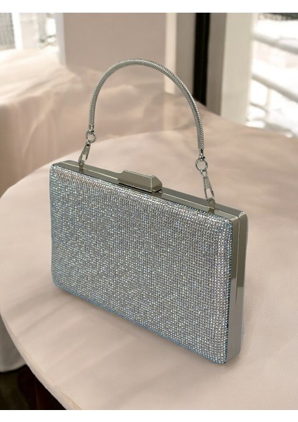 Gümüş Gri Lame Janjan Renk Kristal Taşlı Metal Saplı Abiye Çanta Düğün Nişan Kına Mezuniyet